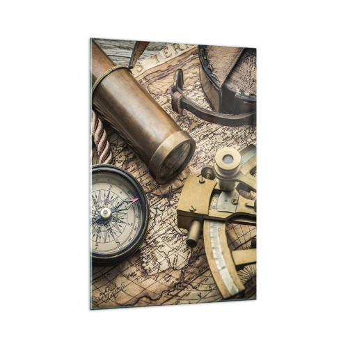 Impression sur verre - Image sur verre - Une boussole, un sextant et un télescope sur fond de vieille carte et de corde nautique. - 70x100cm - Fixer un cap - Décoration murale moderne pour le salon et la chambre ARTTOR