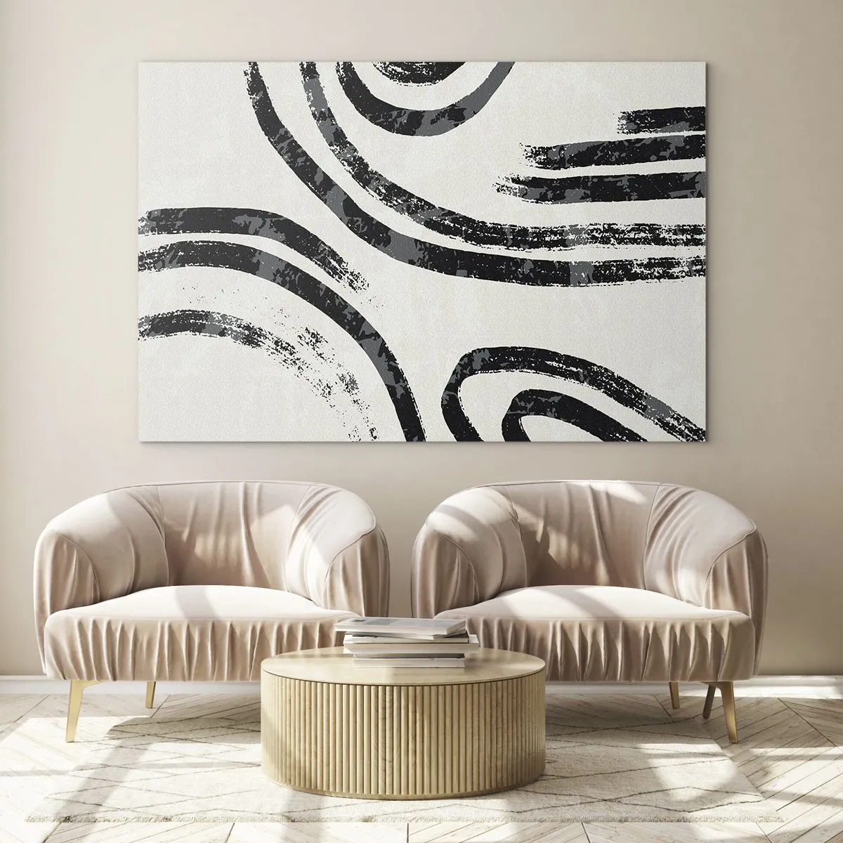 Impression sur verre - Image sur verre - Lignes semi-circulaires noires dans une abstraction minimaliste sur fond clair - 70x50cm - À moitié arrêté - Décoration murale moderne pour le salon et la chambre ARTTOR