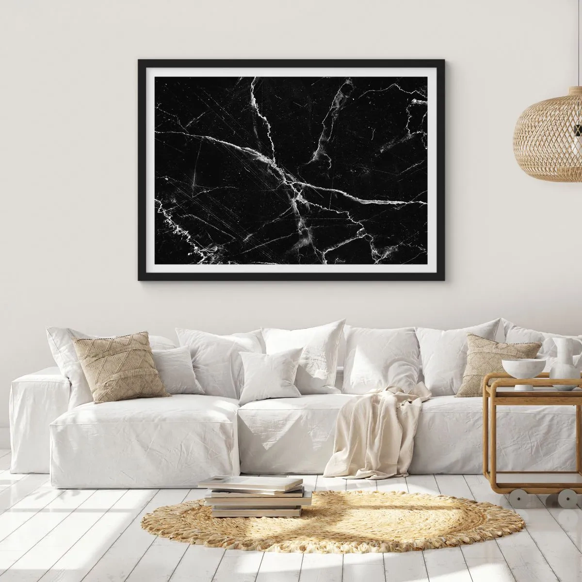 Affiche dans un cadre noir - Poster - Marbre noir avec des veines blanches dans les détails - 70x50cm - La vie secrète de la pierre - Décoration murale moderne pour le salon et la chambre ARTTOR