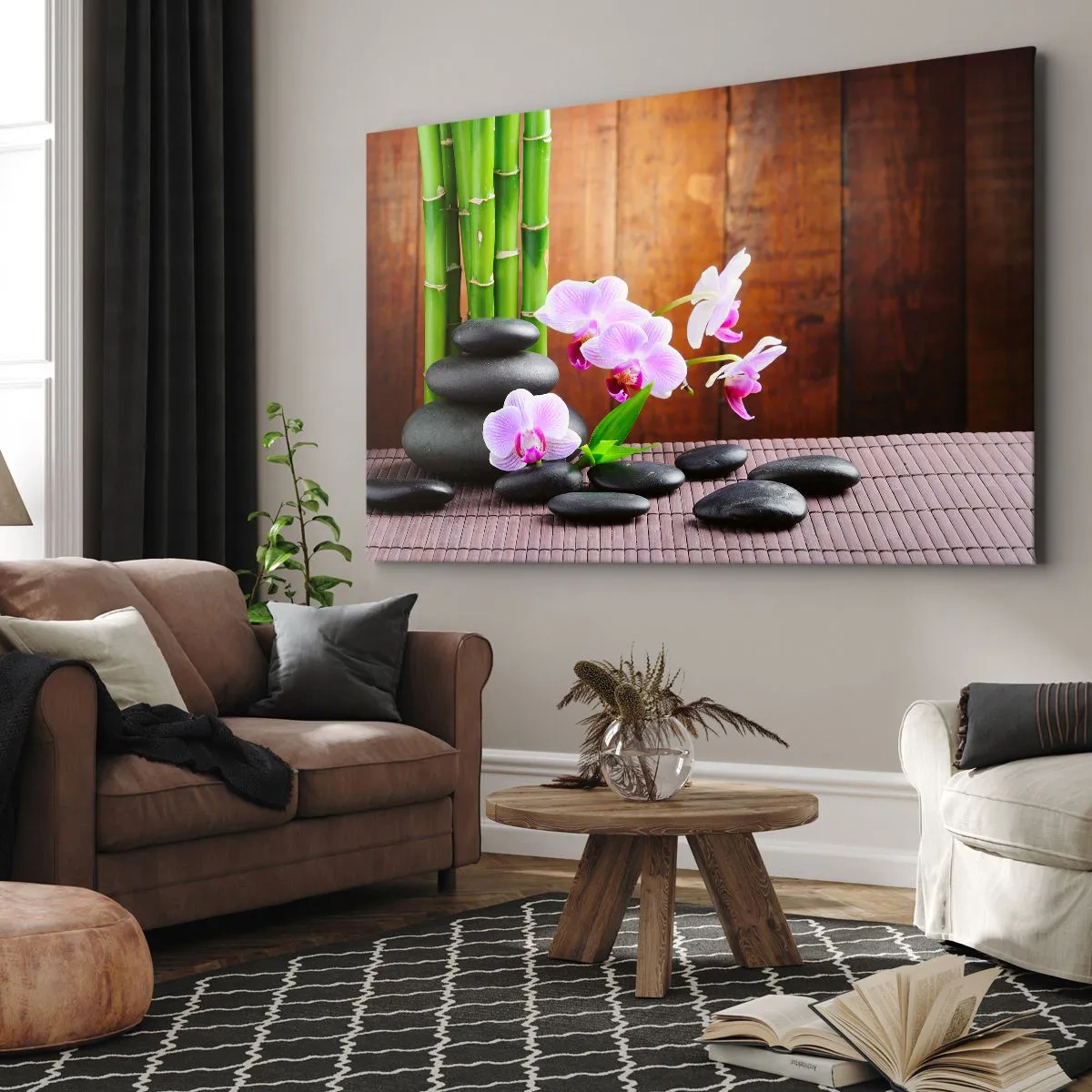 Impression sur toile - Image sur toile - Bambou de style zen, pierres et orchidées roses sur fond de bois - 70x50cm - Rencontrez les plaisirs de l'est - Décoration murale moderne pour le salon et la chambre ARTTOR