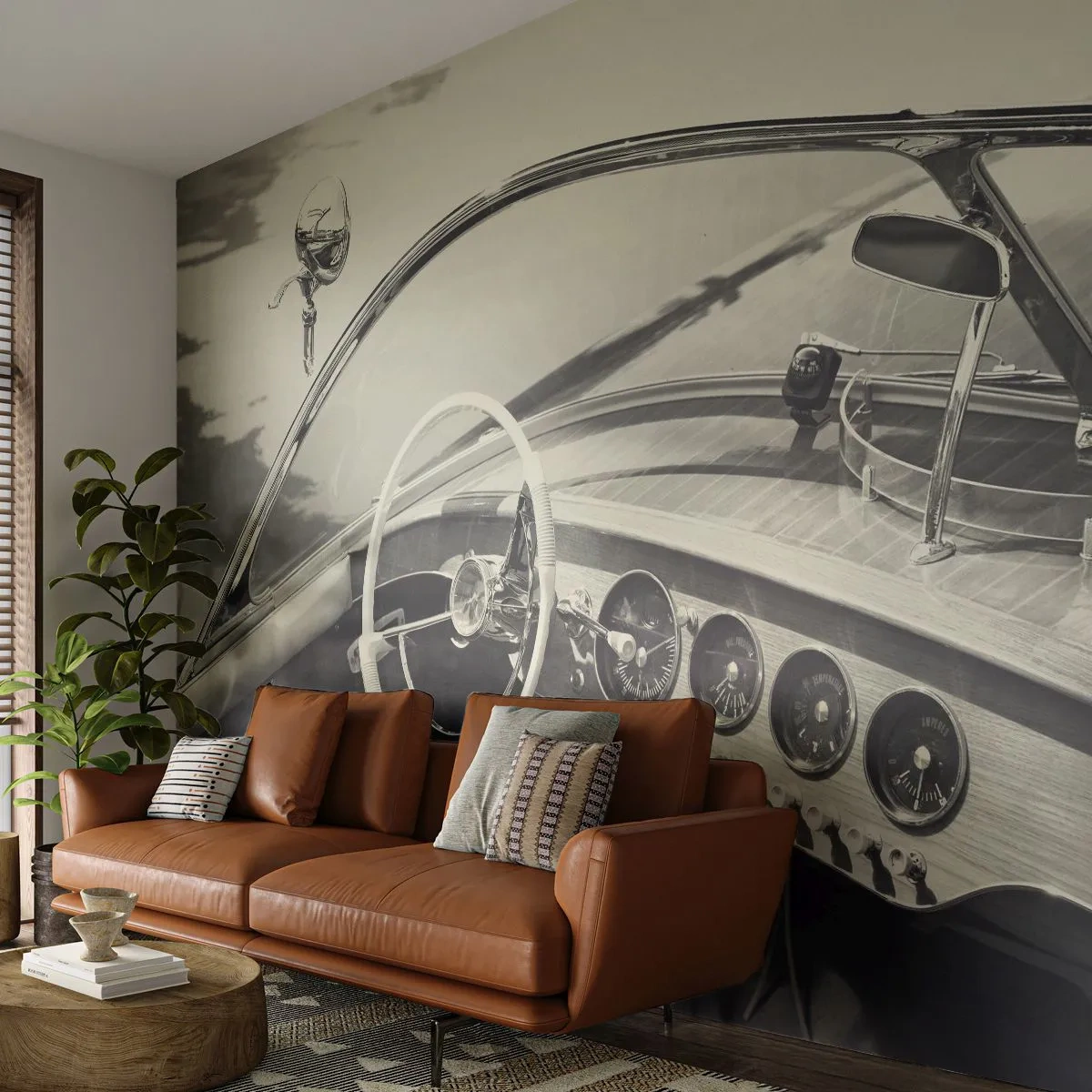 Papier Peint Photo Premium Canvas - Temps pour riche - Bateau d'époque, Bateau à moteur, Noir et blanc - 200x140 cm