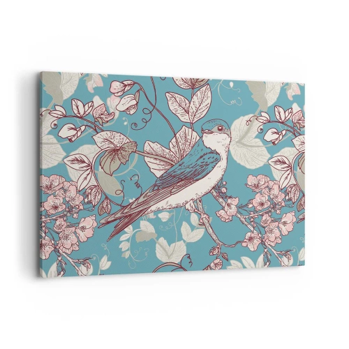 Impression sur toile - Image sur toile - Un oiseau sur une branche dans un style floral délicat - 120x80cm - Dans le bois blanc du rouge et de l'argent - Décoration murale moderne pour le salon et la chambre ARTTOR
