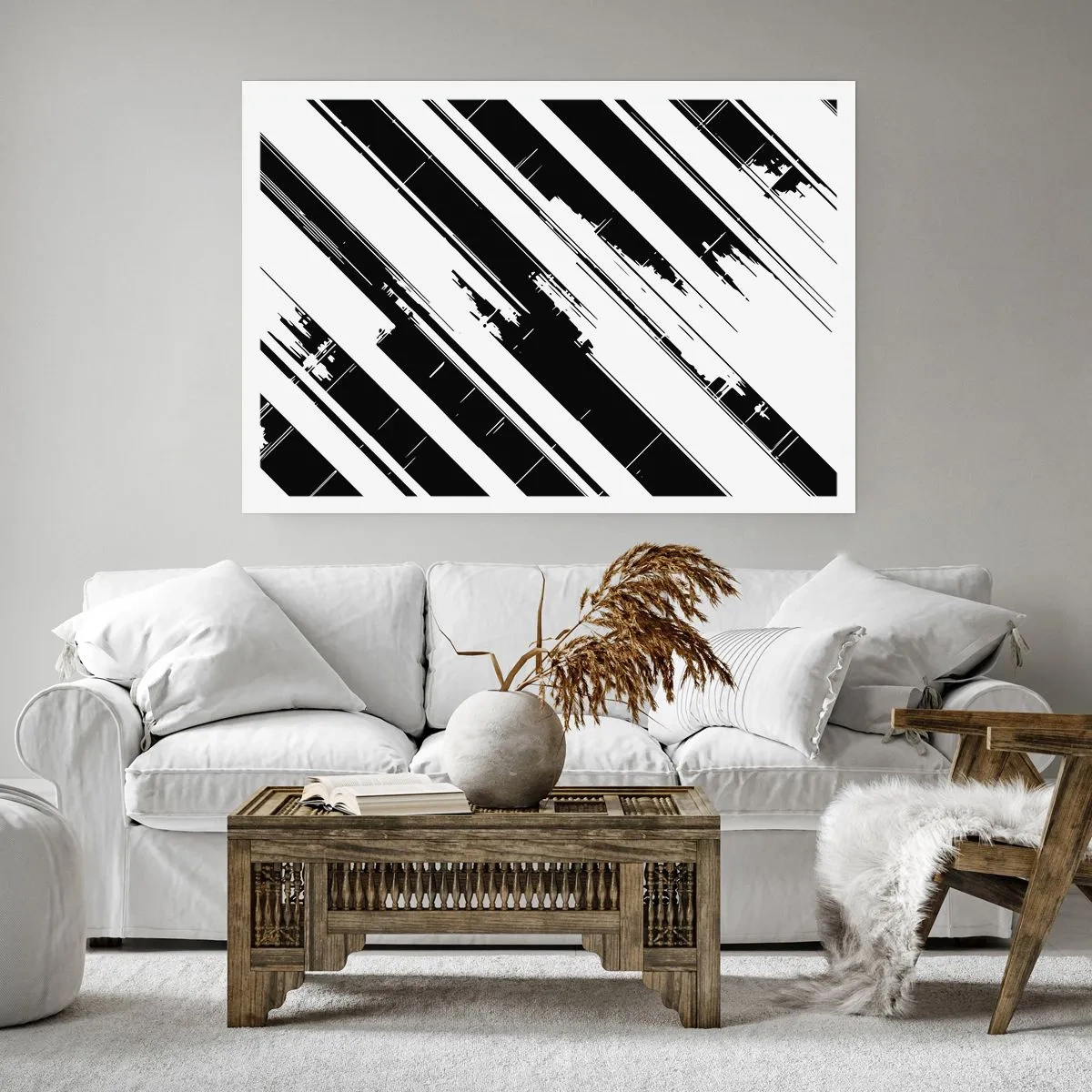 Affiche - Poster - Lignes noires et blanches et motifs géométriques dans un style moderne - 100x70cm - Une composition intense et dynamique - Décoration murale moderne pour le salon et la chambre ARTTOR