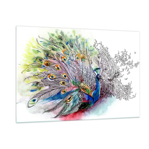 Impression sur verre - Image sur verre - Paon coloré dans un style aquarelle artistique - 120x80cm - Avec fierté contre la grisaille - Décoration murale moderne pour le salon et la chambre ARTTOR