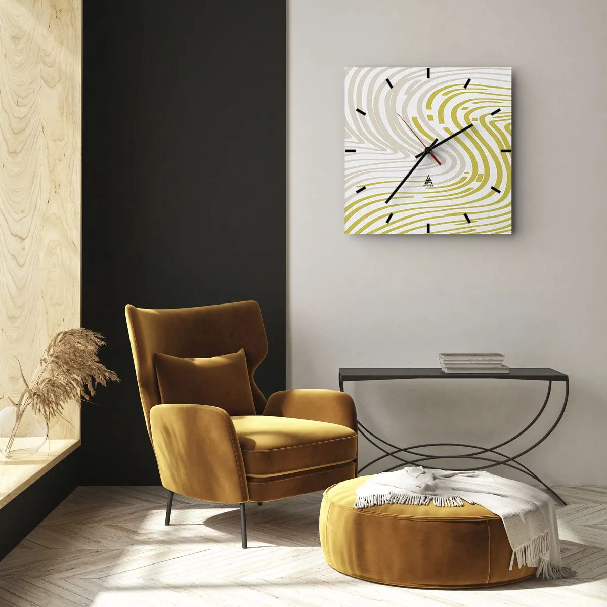 Horloge murale - Pendule murale - Un motif abstrait avec des lignes ondulées dans des tons de jaune et de beige. - 30x30cm - Une composition au léger virage - Décoration murale moderne pour le salon et la chambre ARTTOR