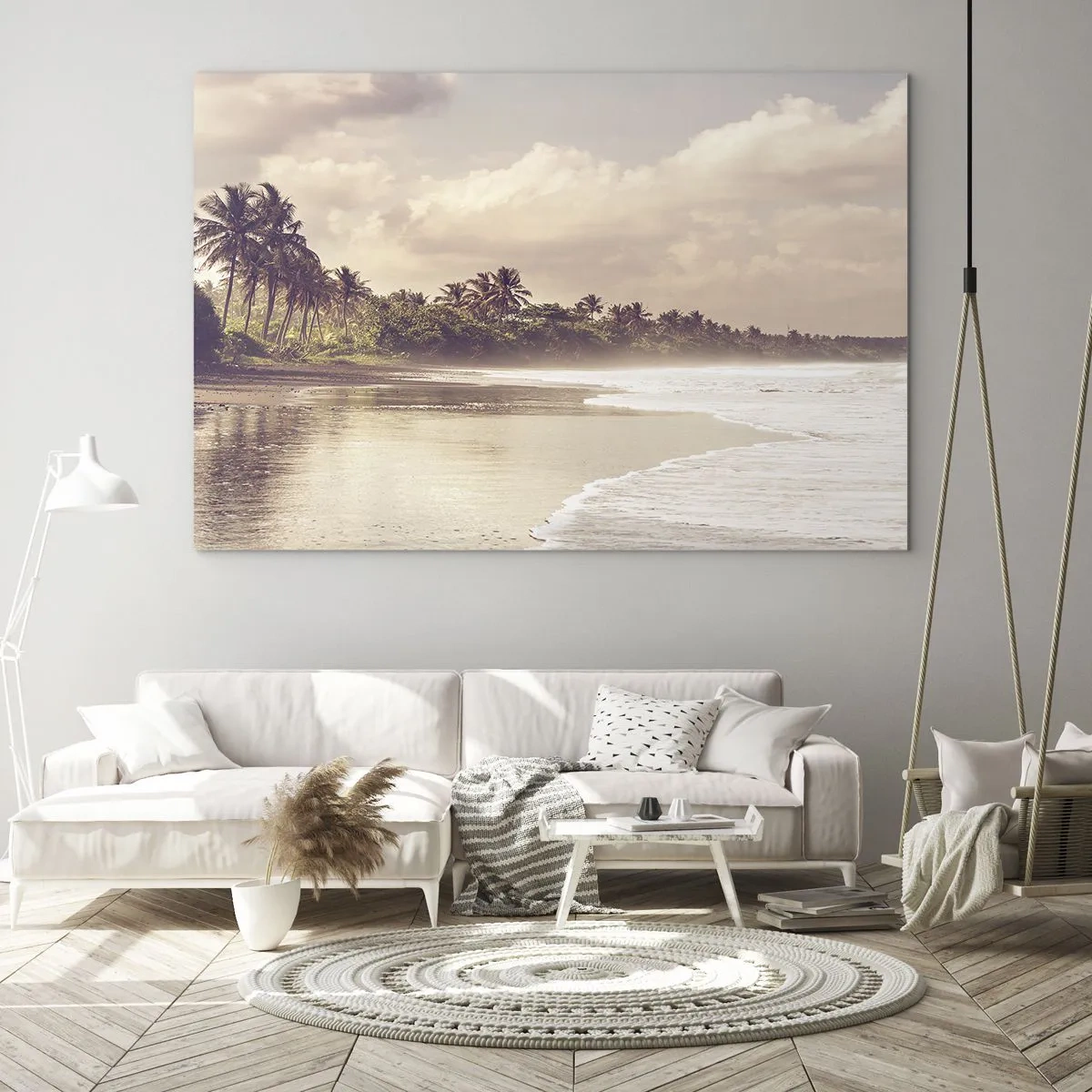 Impression sur verre - Image sur verre - Une plage dorée avec des palmiers et un océan calme dans la douce lumière - 70x50cm - La caresse des vagues - Décoration murale moderne pour le salon et la chambre ARTTOR