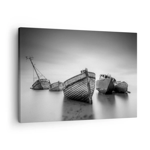 Impression sur toile - Image sur toile - Bateaux abandonnés sur une eau calme - 70x50cm - Cùest déjà un souvenir... - Décoration murale moderne pour le salon et la chambre ARTTOR