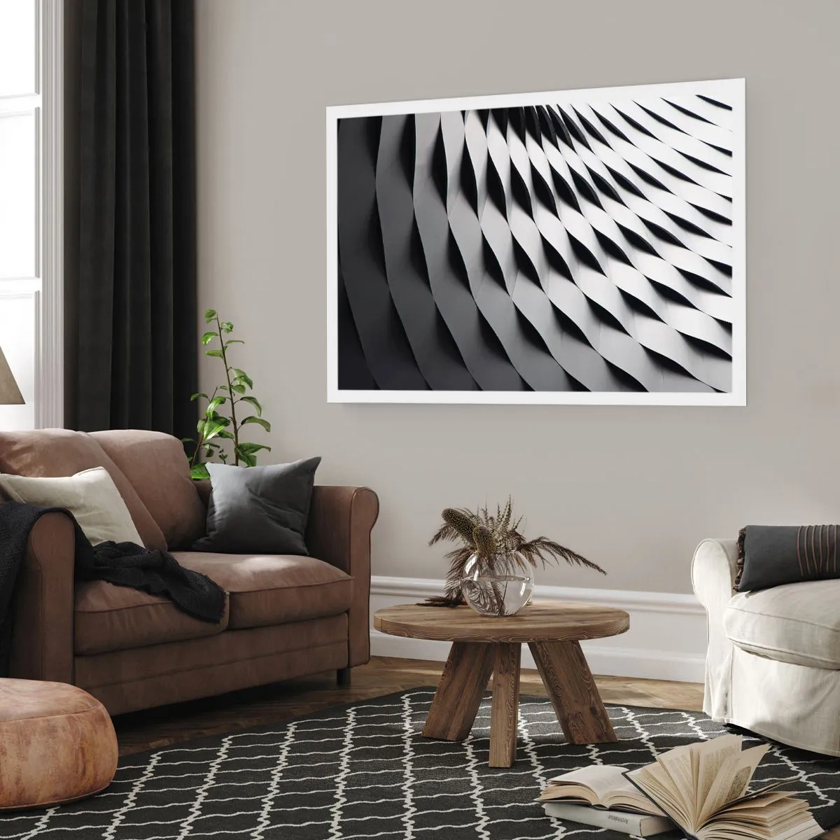 Affiche - Poster - Motif géométrique abstrait dans des tons de noir et blanc - 100x70cm - A la surface des vagues - Décoration murale moderne pour le salon et la chambre ARTTOR