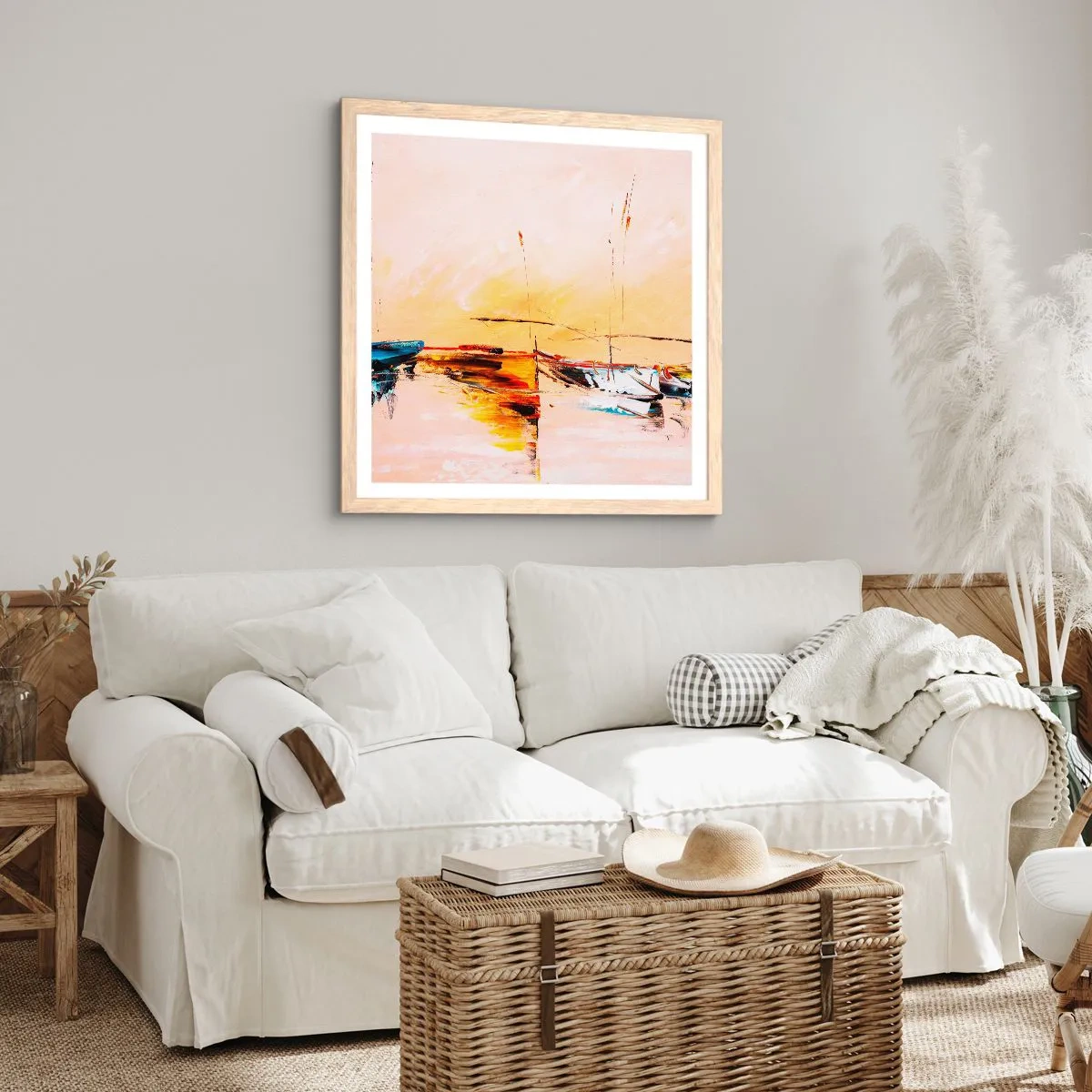 Affiche dans un chêne clair - Poster - Soirée à la marina - 60x60 cm