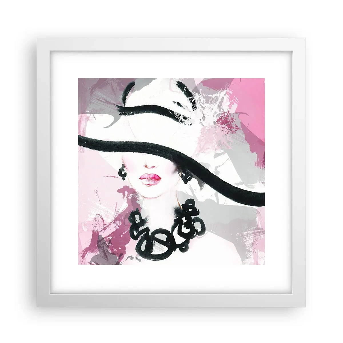 Affiche dans un cadre blanc - Poster - Portrait d'une dame en noir et rose - 30x30 cm