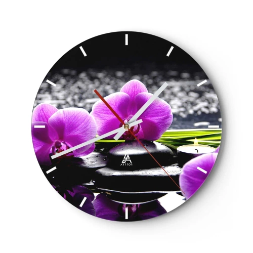 Horloge murale - Pendule murale - Orchidées violettes avec des pierres et une bougie sur l'eau - 30x30cm - Se noyer dans la paix et la tranquillité - Décoration murale moderne pour le salon, la cuisine et la chambre ARTTOR