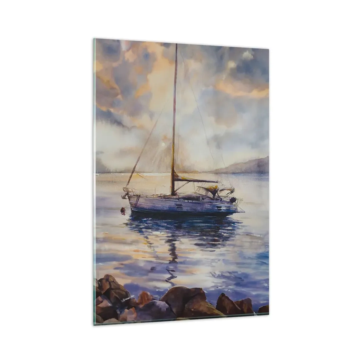 Impression sur verre - Image sur verre - Un yacht sur une mer calme au coucher du soleil - 80x120cm - Soirée sur la baie - Décoration murale moderne pour le salon et la chambre ARTTOR