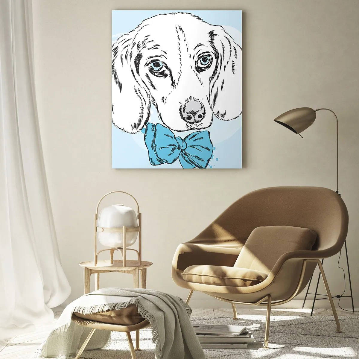 Impression sur verre - Image sur verre - Dessin d'un chien avec un nœud papillon sur fond bleu - 50x70cm - L'élégance du chien - Décoration murale moderne pour le salon et la chambre ARTTOR