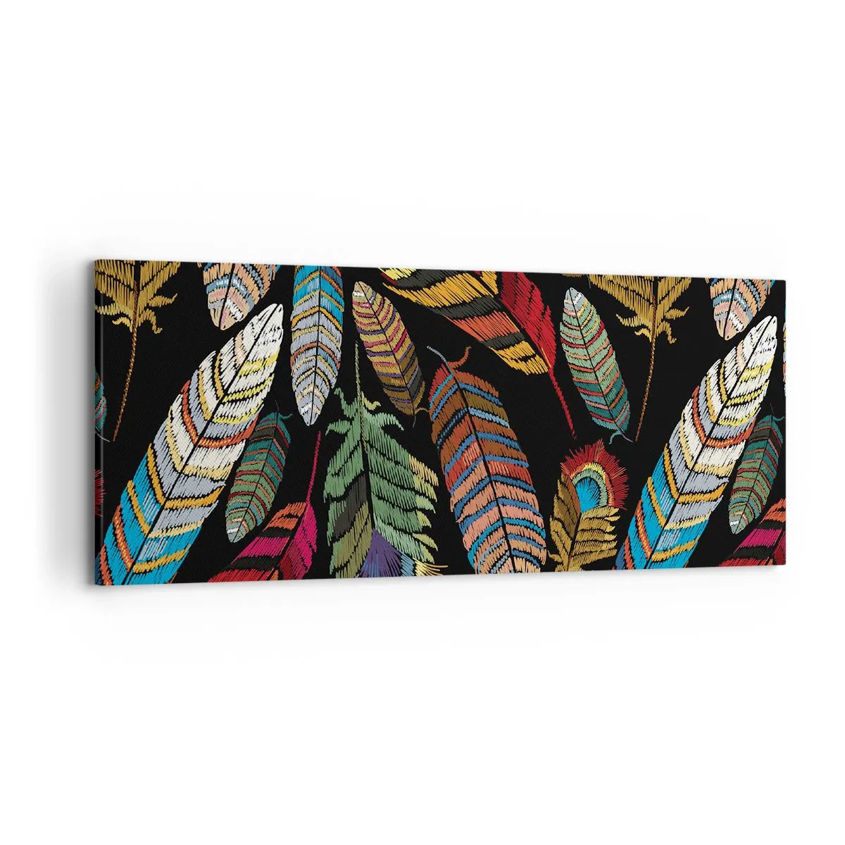 Impression sur toile - Image sur toile - Plumes colorées sur fond noir - 120x50cm - Le carnaval des oiseaux - Décoration murale moderne pour le salon et la chambre ARTTOR