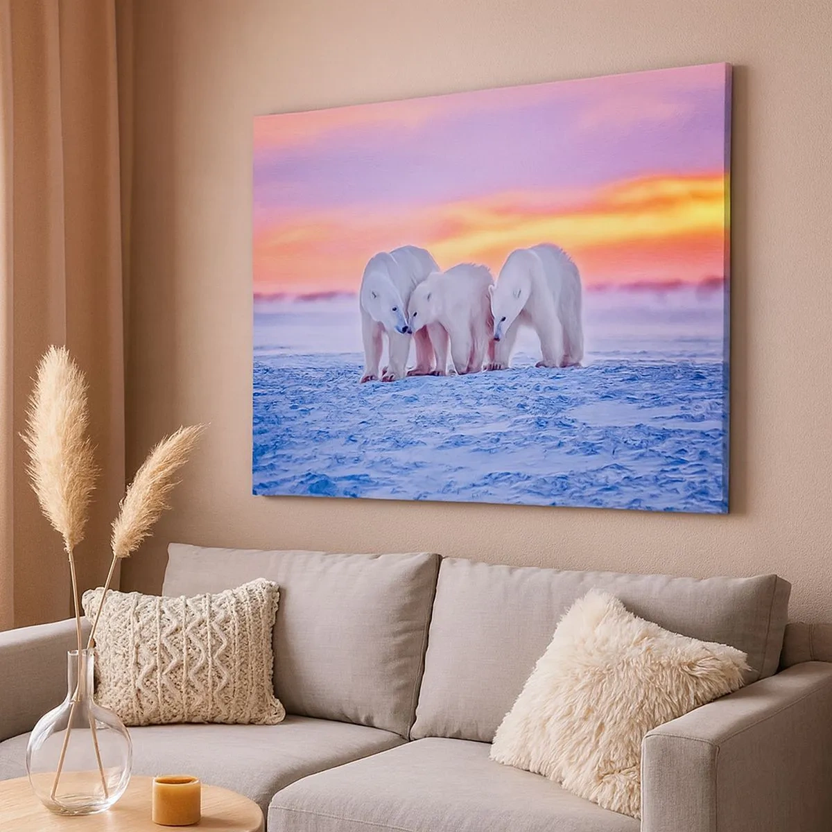 Impression sur toile - Image sur toile - Trois ours polaires sur fond de coucher de soleil arctique - 70x50cm - La chaleur familiale suffit - Décoration murale moderne pour le salon et la chambre ARTTOR