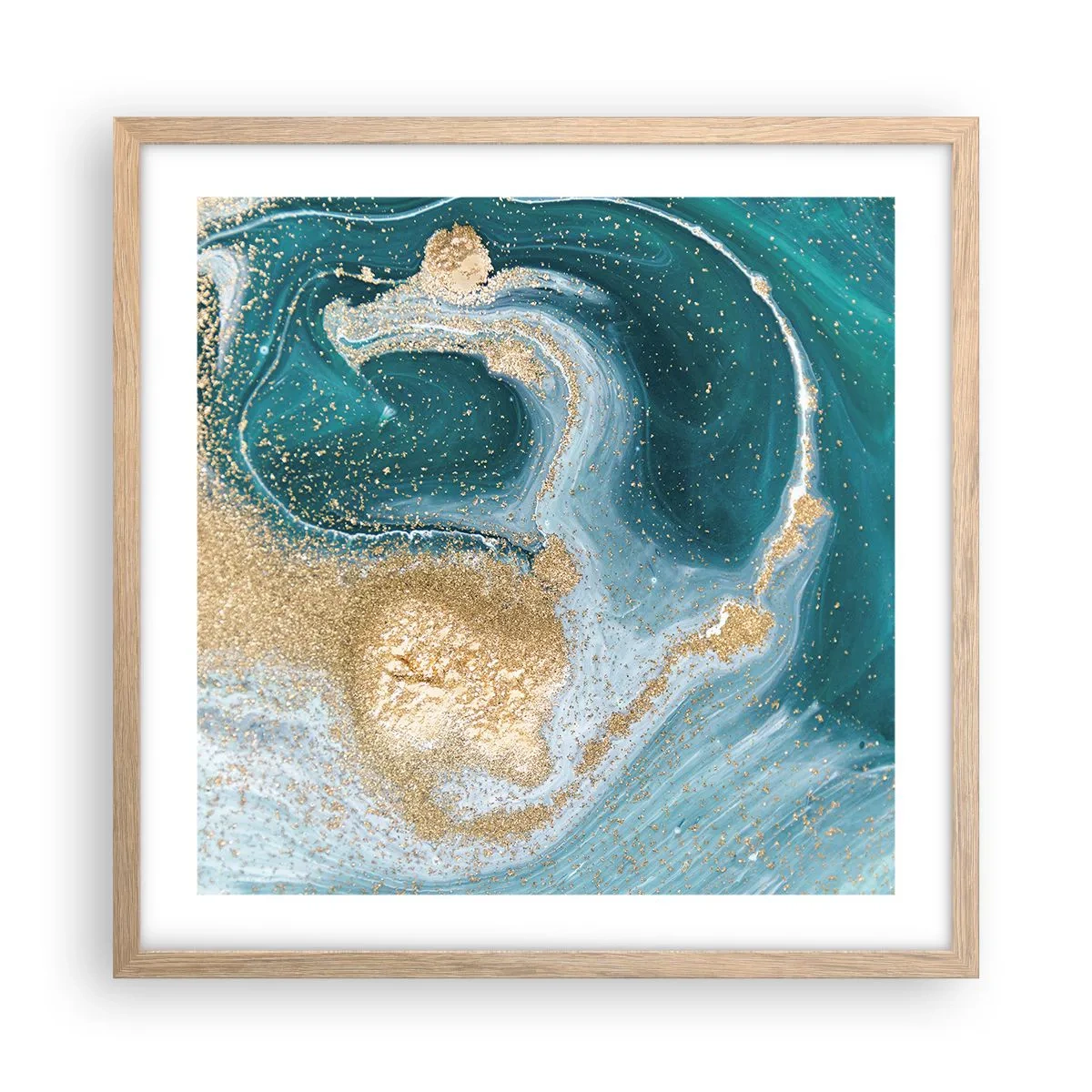 Affiche dans un chêne clair - Poster - Tourbillon d'or et de turquoise - 50x50 cm
