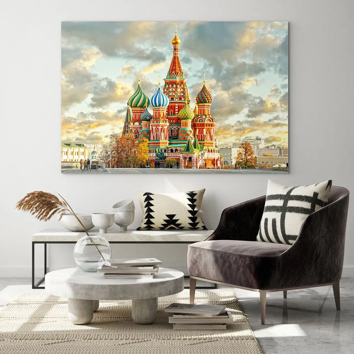 Impression sur verre - Image sur verre - Cathédrale Saint-Basile de Moscou sous un ciel nuageux - 70x50cm - Même Disney ne l'aurait pas proposé - Décoration murale moderne pour le salon et la chambre ARTTOR