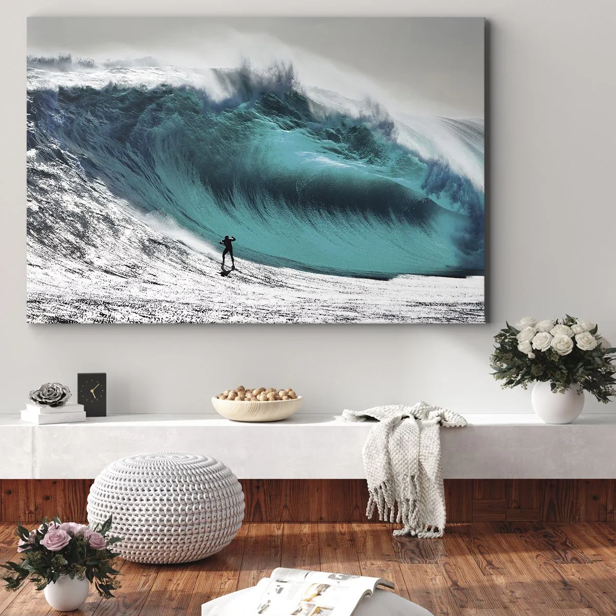 Impression sur toile - Image sur toile - Surfeur devant une énorme vague - 70x50cm - Challenge accepté - Décoration murale moderne pour le salon et la chambre ARTTOR