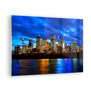 Impression sur verre - Image sur verre - Panorama de la ville nocturne reflétée dans l'eau - 70x50cm - Une nuit de lumières et de couleurs - Décoration murale moderne pour le salon et la chambre ARTTOR