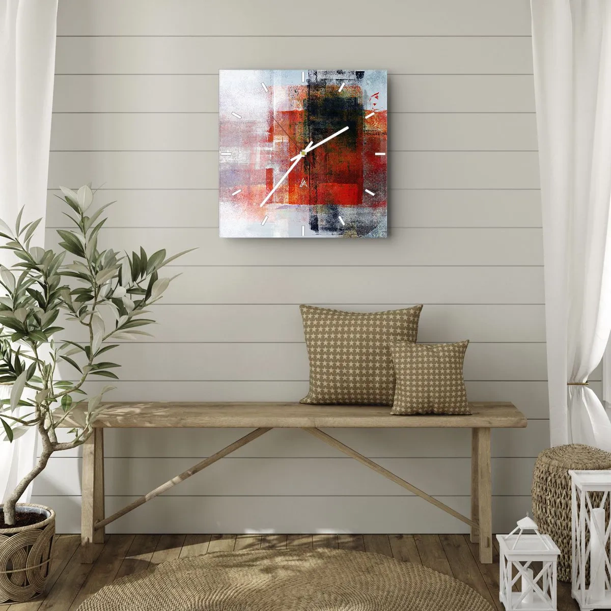 Horloge murale - Pendule murale - Composition géométrique abstraite avec des accents rouges et oranges - 30x30cm - Composition embrasée - Décoration murale moderne pour le salon et la chambre ARTTOR