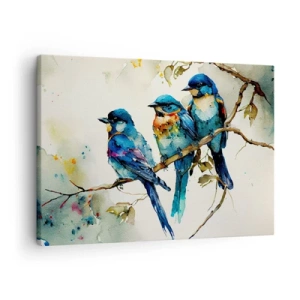 Impression sur toile - Image sur toile - Trois oiseaux colorés sur une branche dans un style aquarelle - 70x50cm - A-t-il été offensé ? - Décoration murale moderne pour le salon et la chambre ARTTOR