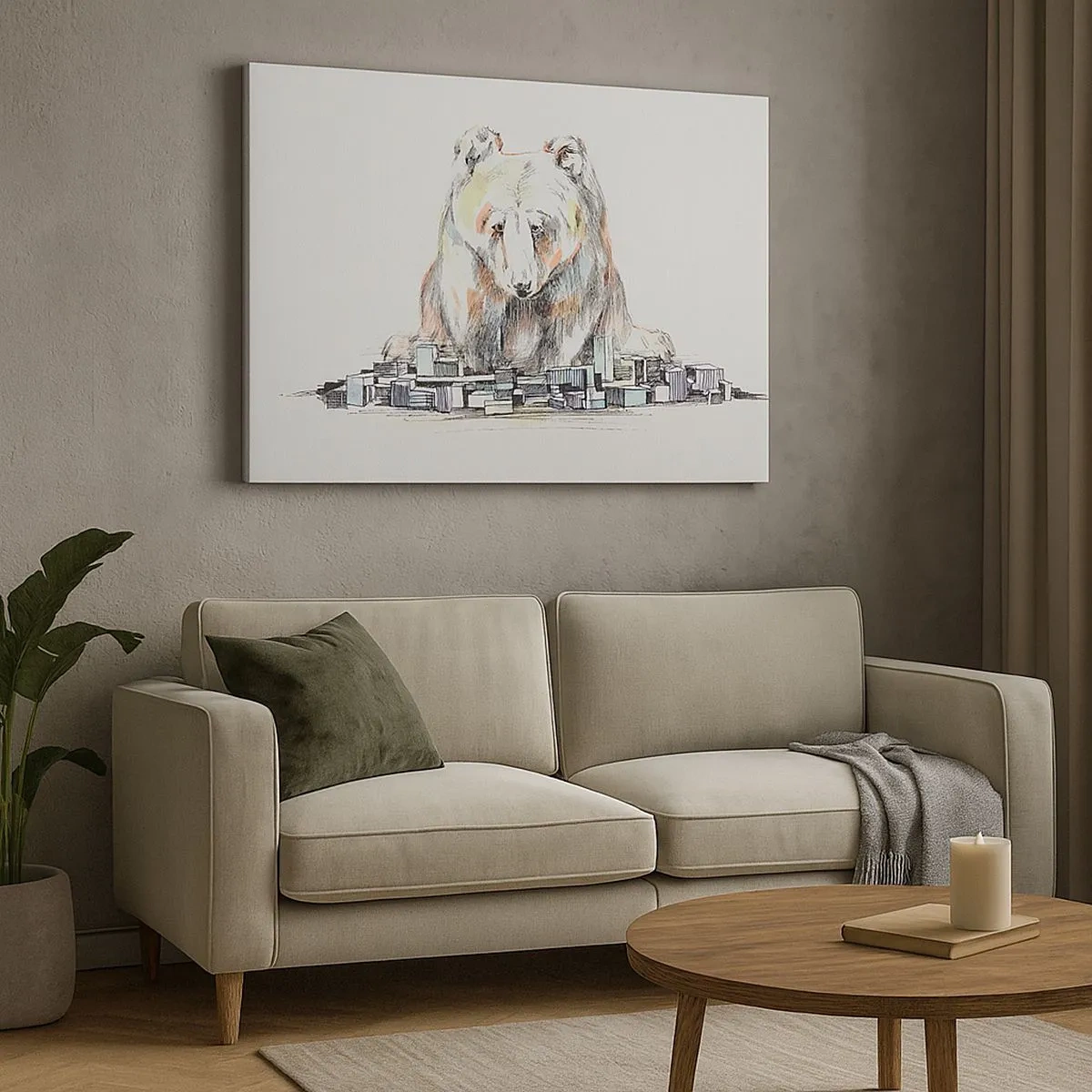Impression sur toile - Image sur toile - Illustration d'un ours avec des détails et des blocs colorés - 70x50cm - Comment peut-on vivre ainsi ? - Décoration murale moderne pour le salon et la chambre ARTTOR