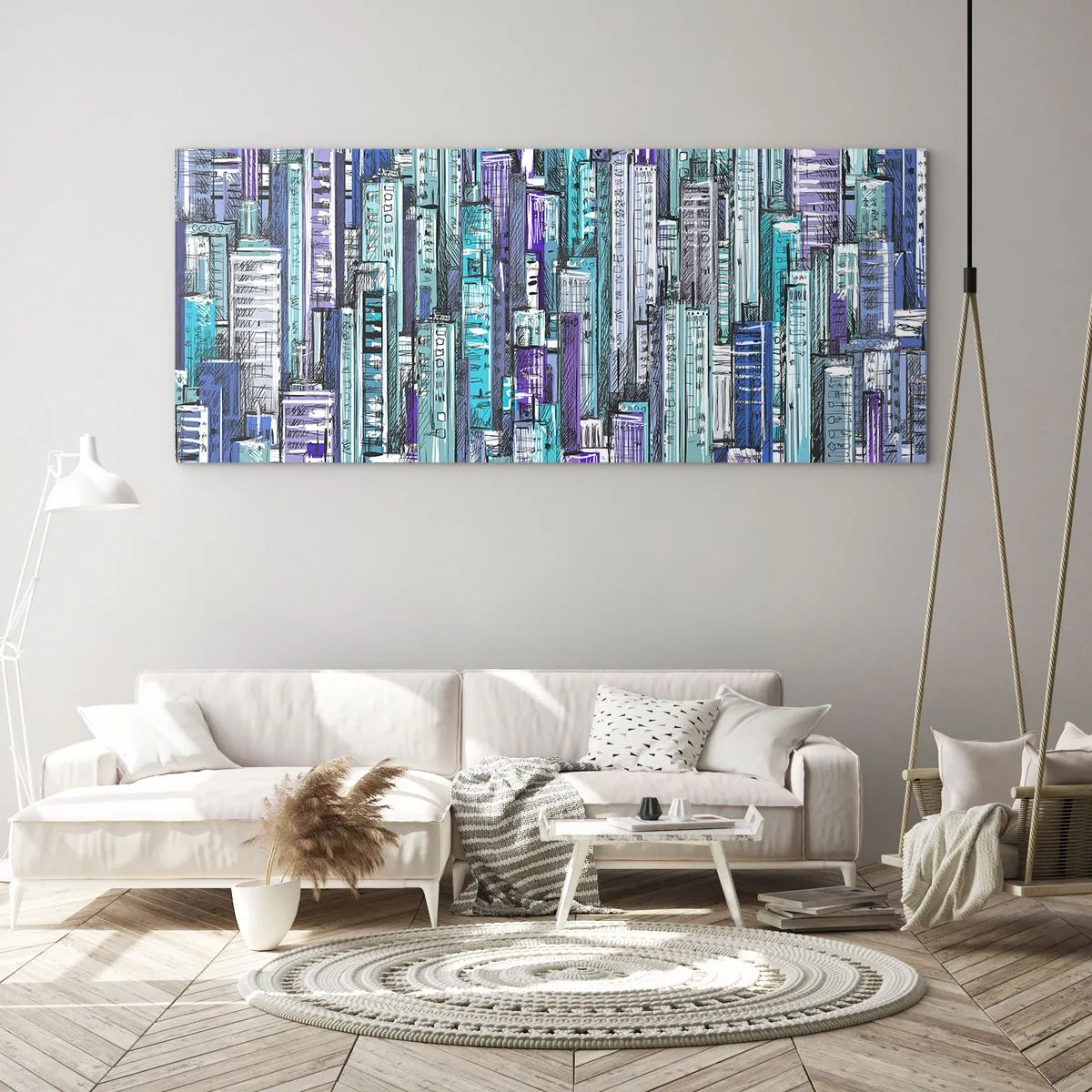 Impression sur verre - Image sur verre - Illustration d'une ville avec des bâtiments géométriques dans des tons de bleu et de violet. - 140x50cm - Bleuâtre avec le ciel - Décoration murale moderne pour le salon et la chambre ARTTOR