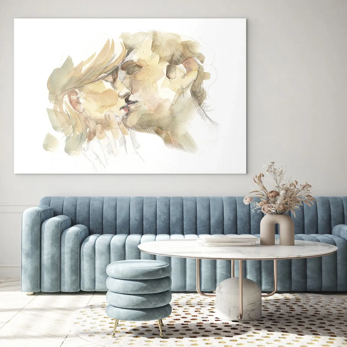 Impression sur verre - Image sur verre - Aquarelle romantique représentant un baiser d'amoureux - 70x50cm - A moitié trouvé ? - Décoration murale moderne pour le salon et la chambre ARTTOR