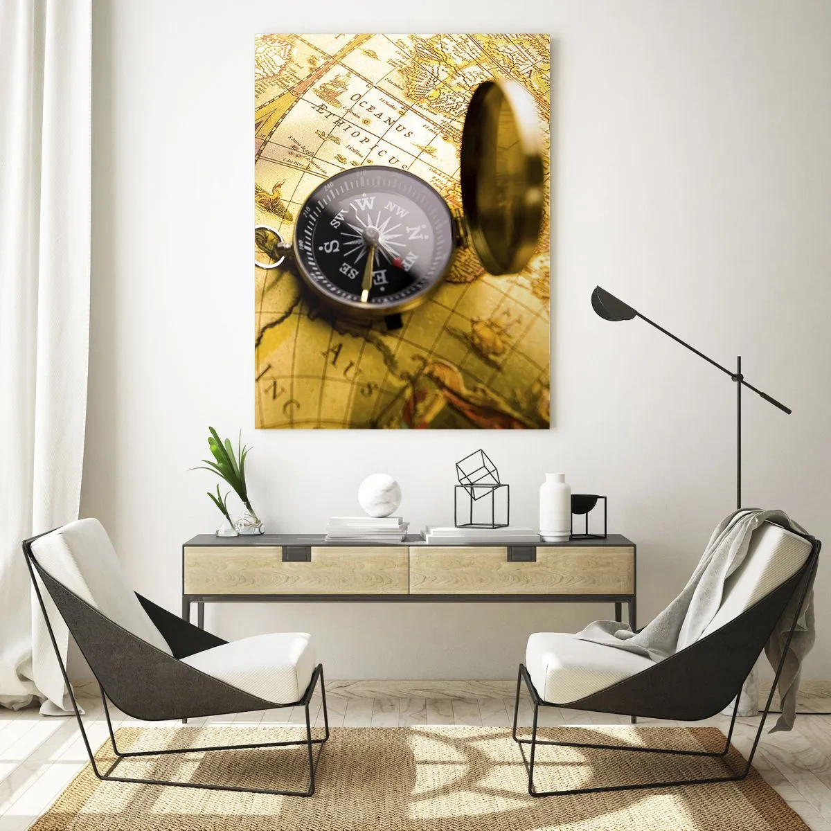 Impression sur verre - Image sur verre - Une carte dorée avec une boussole comme accent d'aventure - 50x70cm - Ou peut-être jusqu'au bout du monde ? - Décoration murale moderne pour le salon et la chambre ARTTOR