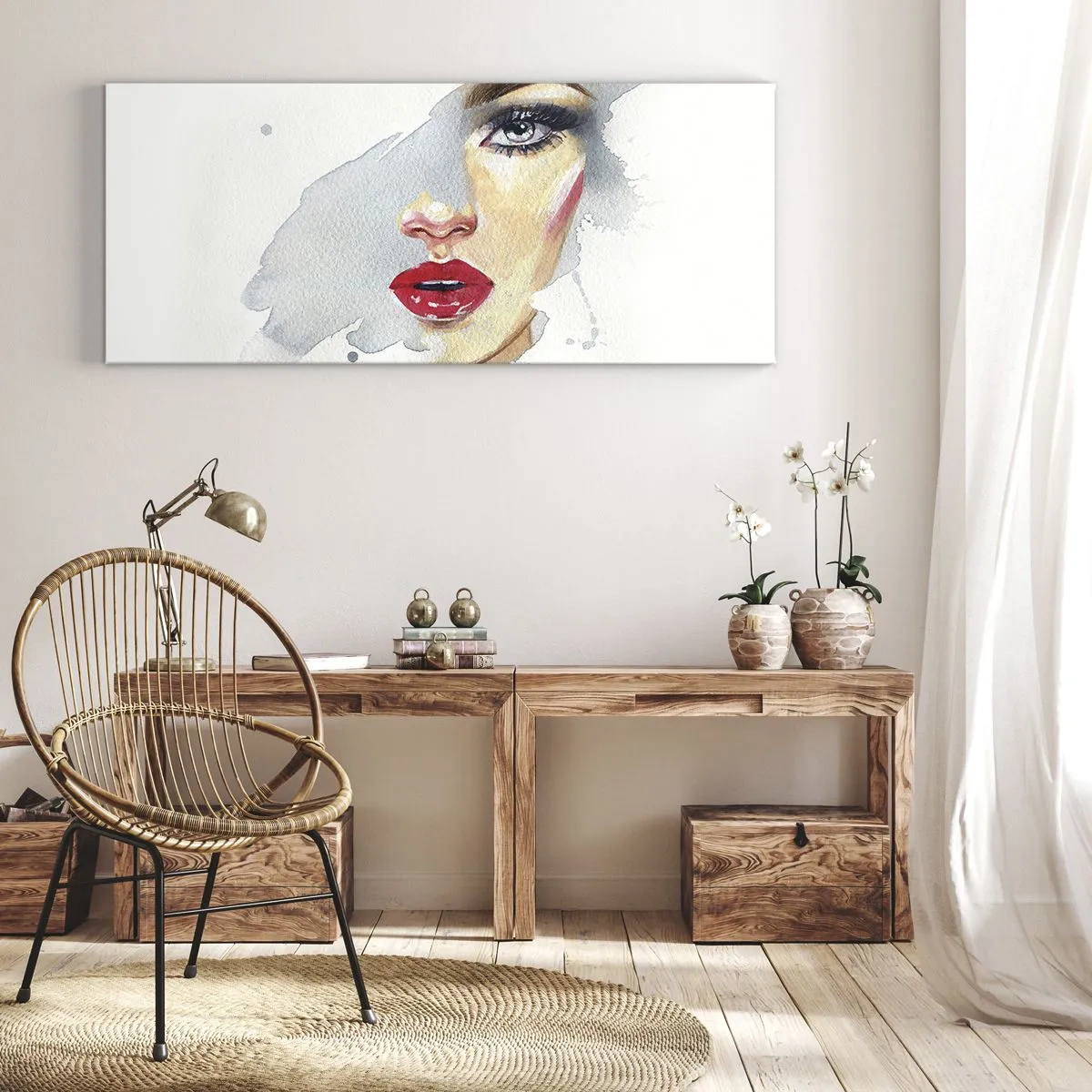 Impression sur toile - Image sur toile - Portrait à l'aquarelle d'une femme au regard intense. - 160x50cm - Reflet dans une goutte d'eau - Décoration murale moderne pour le salon et la chambre ARTTOR