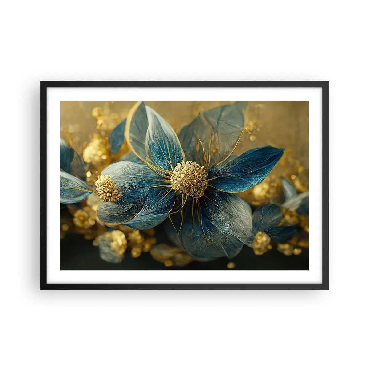 Affiche dans un cadre noir - Poster - Fleurs élégantes dans des tons de bleu et d'or - 70x50cm - Fleurir avec de l'or - Décoration murale moderne pour le salon et la chambre ARTTOR