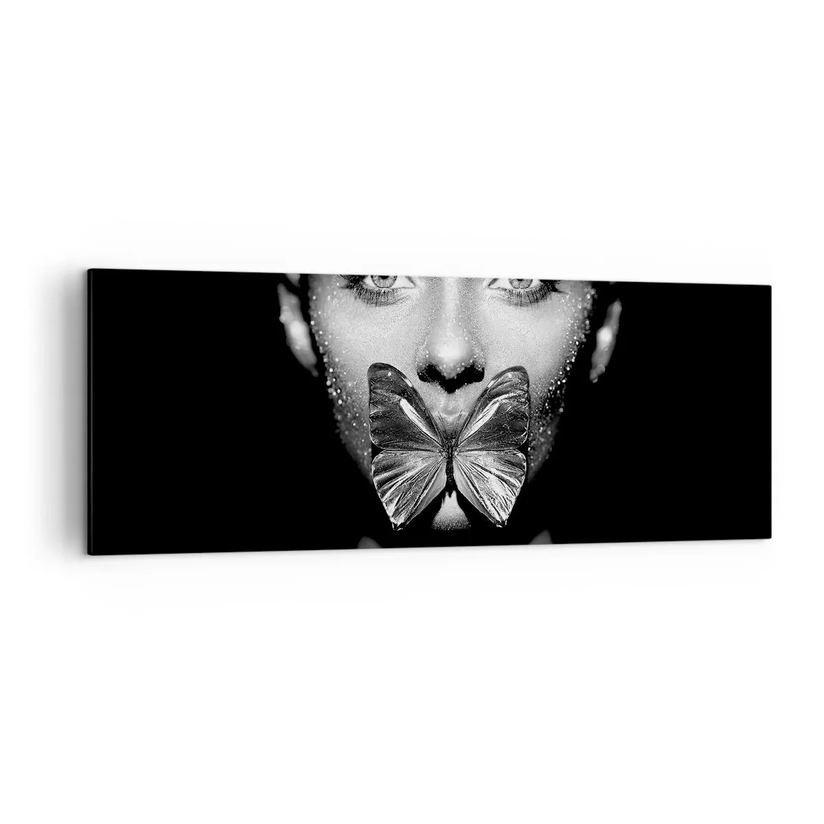 Impression sur toile - Image sur toile - Visage de femme en noir et blanc avec un papillon sur les lèvres - 140x50cm - Baiser papillon - Décoration murale moderne pour le salon et la chambre ARTTOR