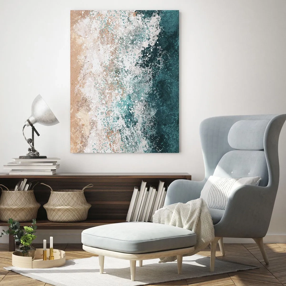 Impression sur verre - Image sur verre - Vague de mer abstraite dans des tons de turquoise, blanc et beige sable - 50x70cm - Histoires de la mer - Décoration murale moderne pour le salon et la chambre ARTTOR