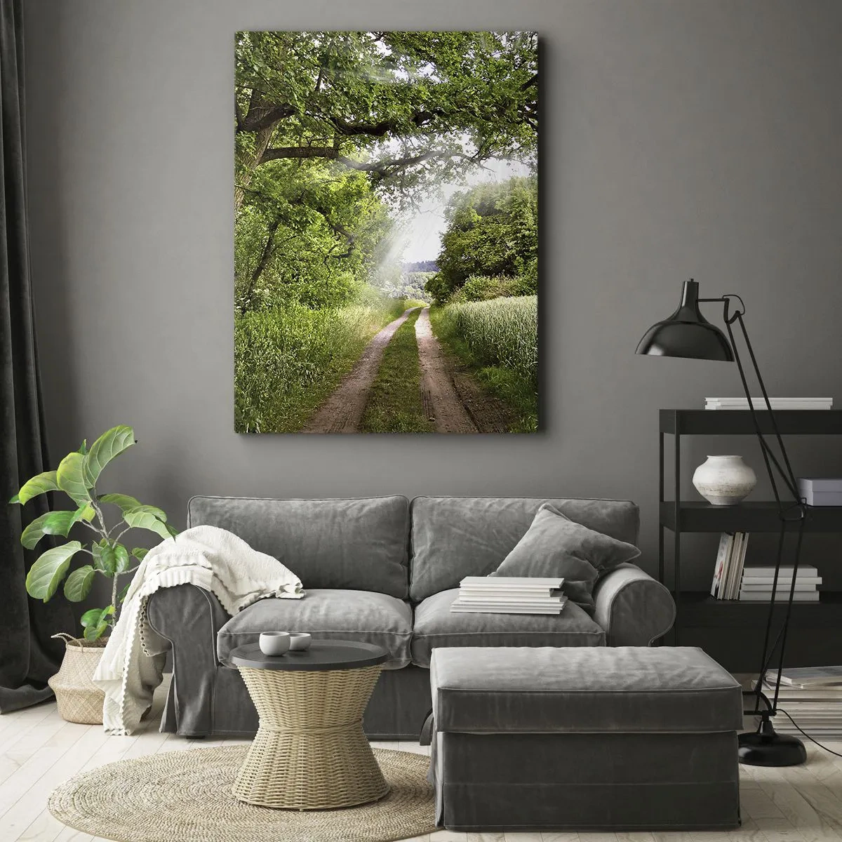 Impression sur toile - Image sur toile - Un chemin de terre parmi les arbres verts et la lumière du soleil - 70x100cm - Et in Arcadia ego - Décoration murale moderne pour le salon et la chambre ARTTOR