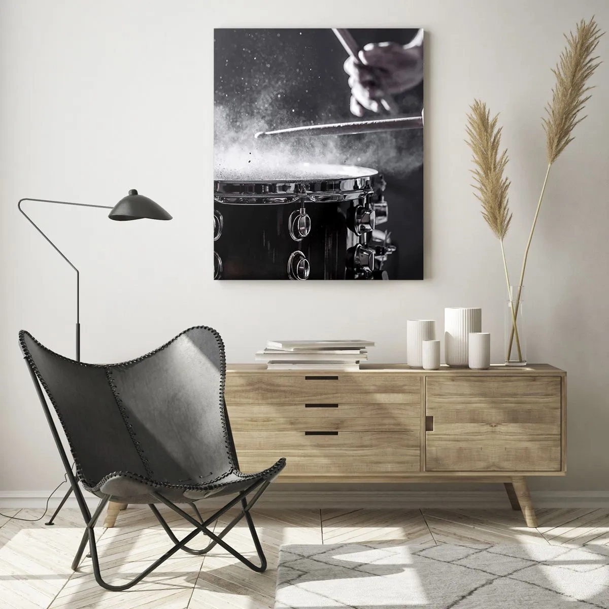 Impression sur verre - Image sur verre - Tambours en mouvement avec de la poudre flottante - 50x70cm - Tempo de la musique - Décoration murale moderne pour le salon et la chambre ARTTOR