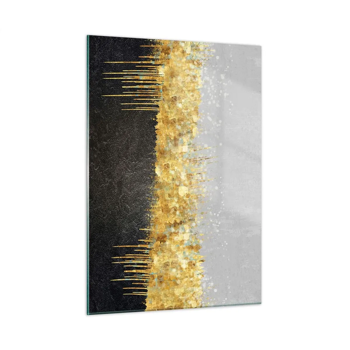 Impression sur verre - Image sur verre - Abstraction dorée avec contraste noir et gris - 50x70cm - Vers l'intérieur et vers le haut - Décoration murale moderne pour le salon et la chambre ARTTOR