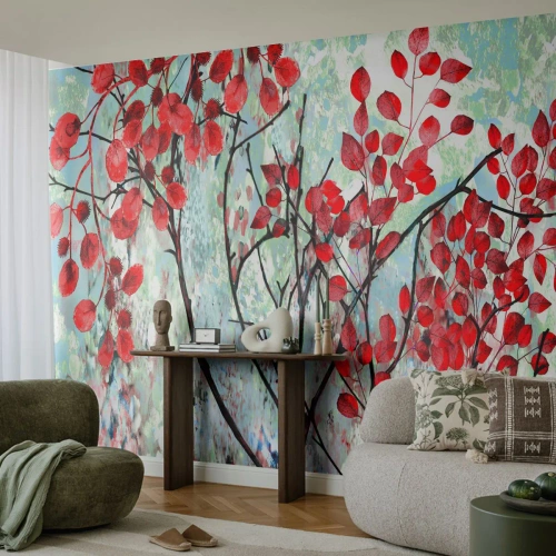 Papier Peint Photo Premium Canvas - Arbre en écarlate - Abstraction, Feuilles rouges, Bifurquer - 450x315 cm