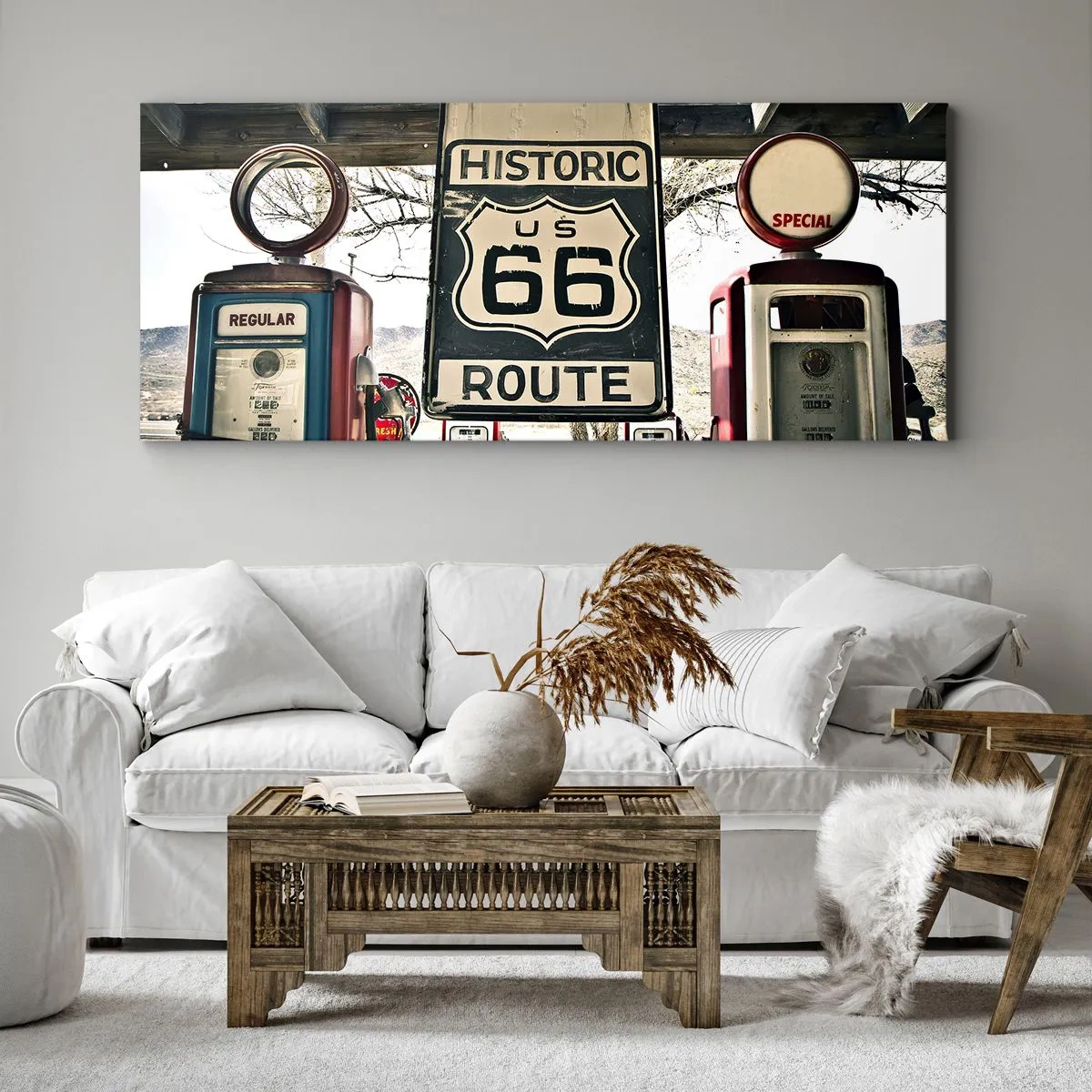 Impression sur toile - Image sur toile - Station-service historique de la Route 66 - 160x50cm - Voyage rétro américain - Décoration murale moderne pour le salon et la chambre ARTTOR