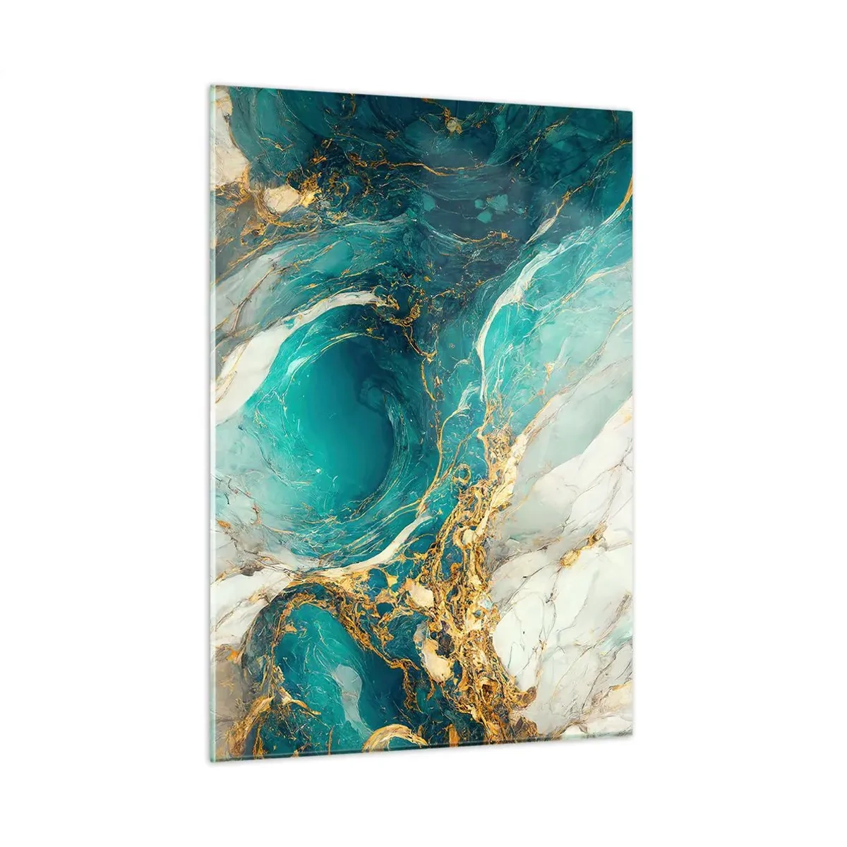 Impression sur verre - Image sur verre - Composition abstraite avec des veines turquoise et dorées - 50x70cm - Composition en veines d'or - Décoration murale moderne pour le salon et la chambre ARTTOR