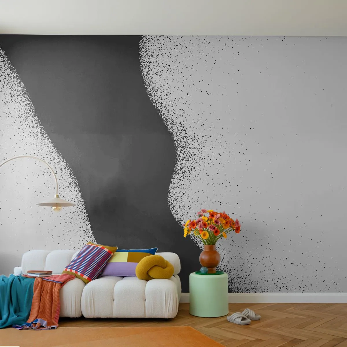 Papier Peint Photo Standard Eco - Abstraction minimaliste en noir et blanc avec un effet granuleux. - 100x70cm - Équilibre fluide - Décoration murale moderne pour le salon et la chambre ARTTOR