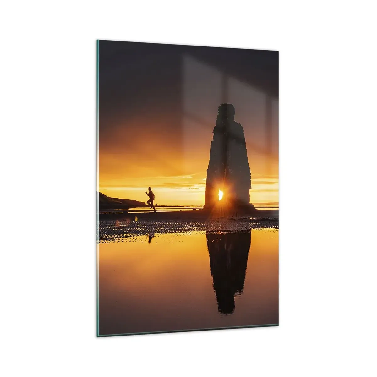 Impression sur verre - Image sur verre - Personne courant sur la plage au coucher du soleil avec formation rocheuse - 80x120cm - Juste vous et la nature - Décoration murale moderne pour le salon et la chambre ARTTOR