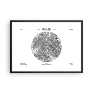 Affiche dans un cadre noir - Poster - Une carte de Rome dans un style minimaliste, noir et blanc - 70x50cm - Anatomie de Rome - Décoration murale moderne pour le salon et la chambre ARTTOR