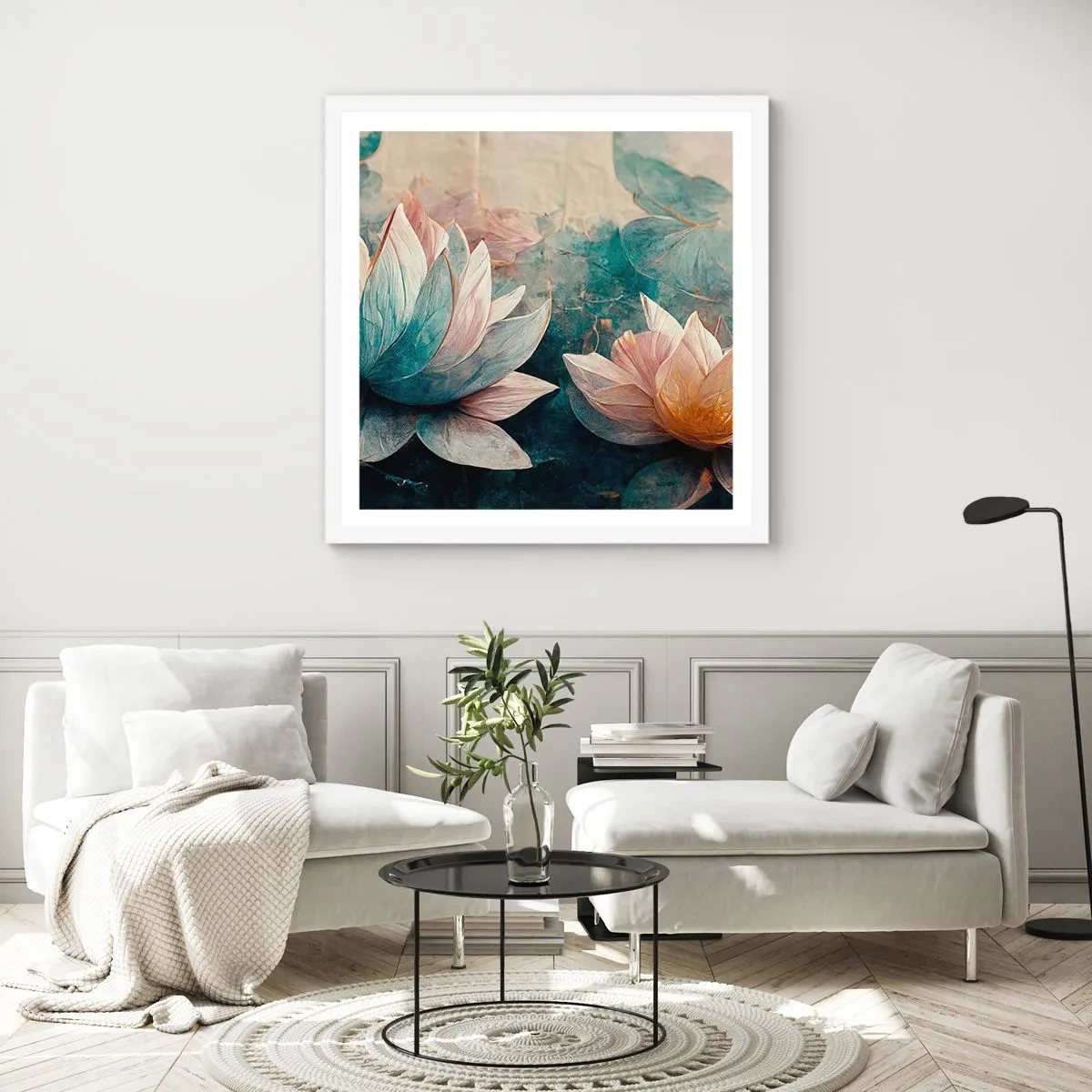 Affiche dans un cadre blanc - Poster - Les étoiles du lac - 50x50 cm