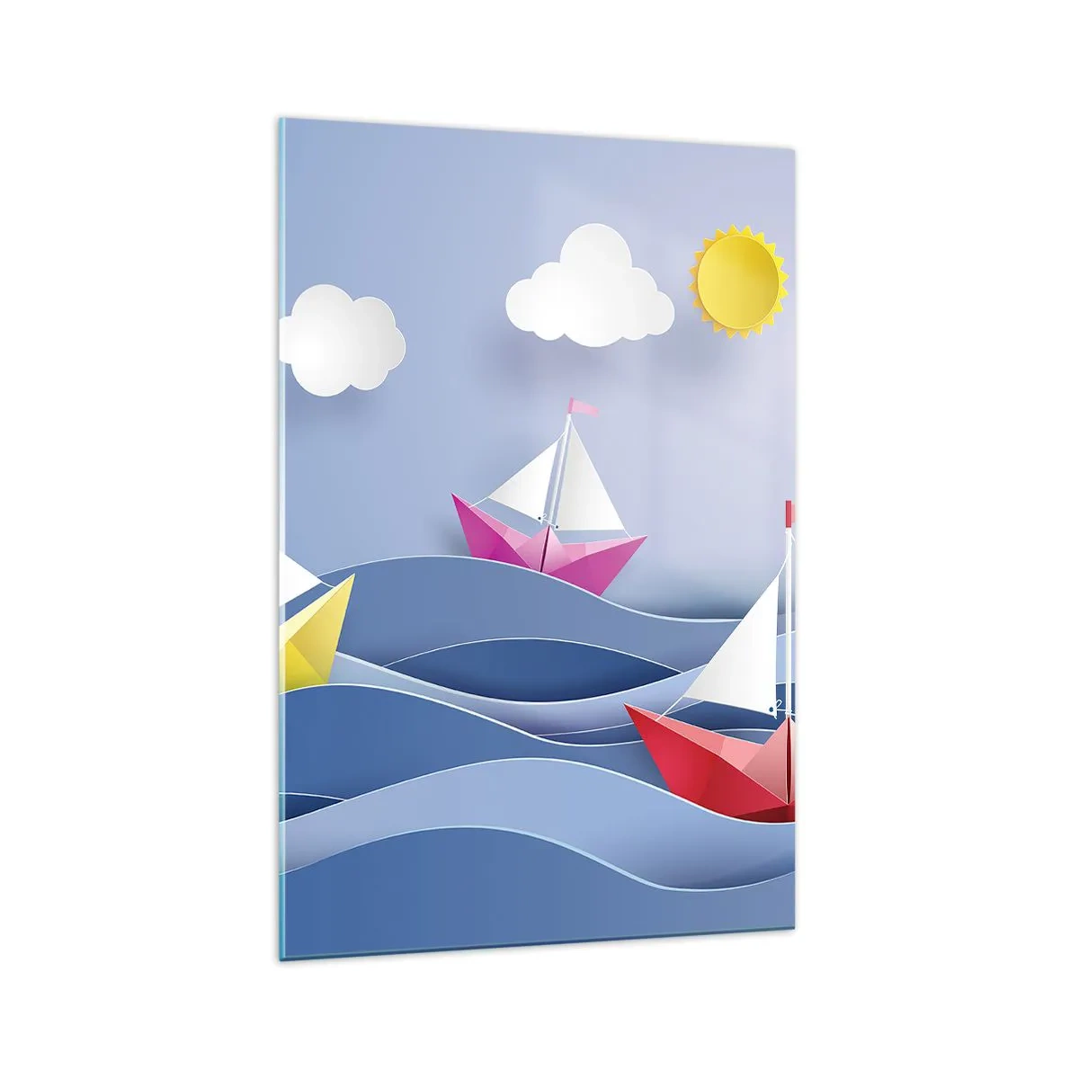 Impression sur verre - Image sur verre - Voiliers colorés sur les vagues par une journée ensoleillée - 70x100cm - Ah qu'il est agréable de se balancer dans les vagues - Décoration murale moderne pour le salon et la chambre ARTTOR