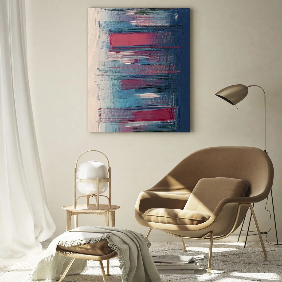 Impression sur verre - Image sur verre - Formes verticales abstraites dans des tons de bleu et de rouge - 70x100cm - Composition verticale en bleu et rouge - Décoration murale moderne pour le salon et la chambre ARTTOR