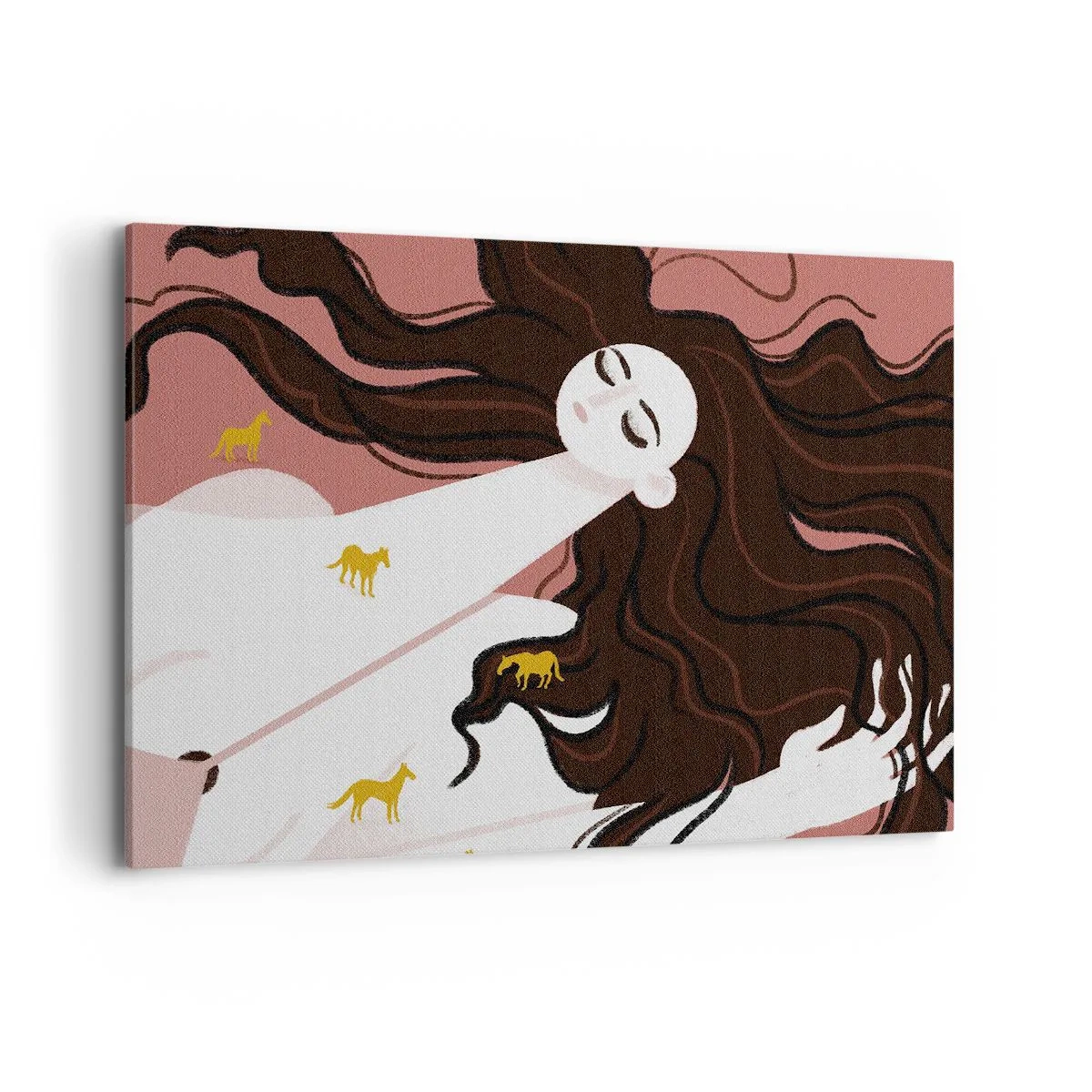 Impression sur toile - Image sur toile - Une silhouette aux yeux fermés entourée de chevaux dorés - 100x70cm - Rêve d'un cheval d'or - Décoration murale moderne pour le salon et la chambre ARTTOR