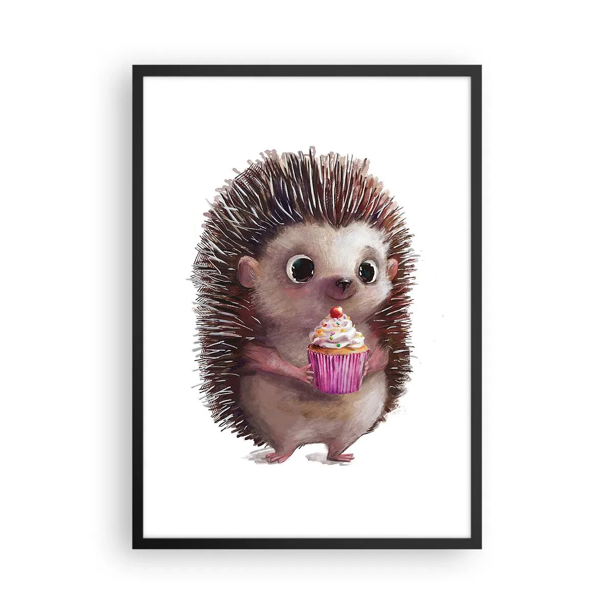 Affiche dans un cadre noir - Poster - Un hérisson mignon tenant un cupcake coloré - 50x70cm - La fête c'est tous les jours - Décoration murale moderne pour le salon et la chambre ARTTOR