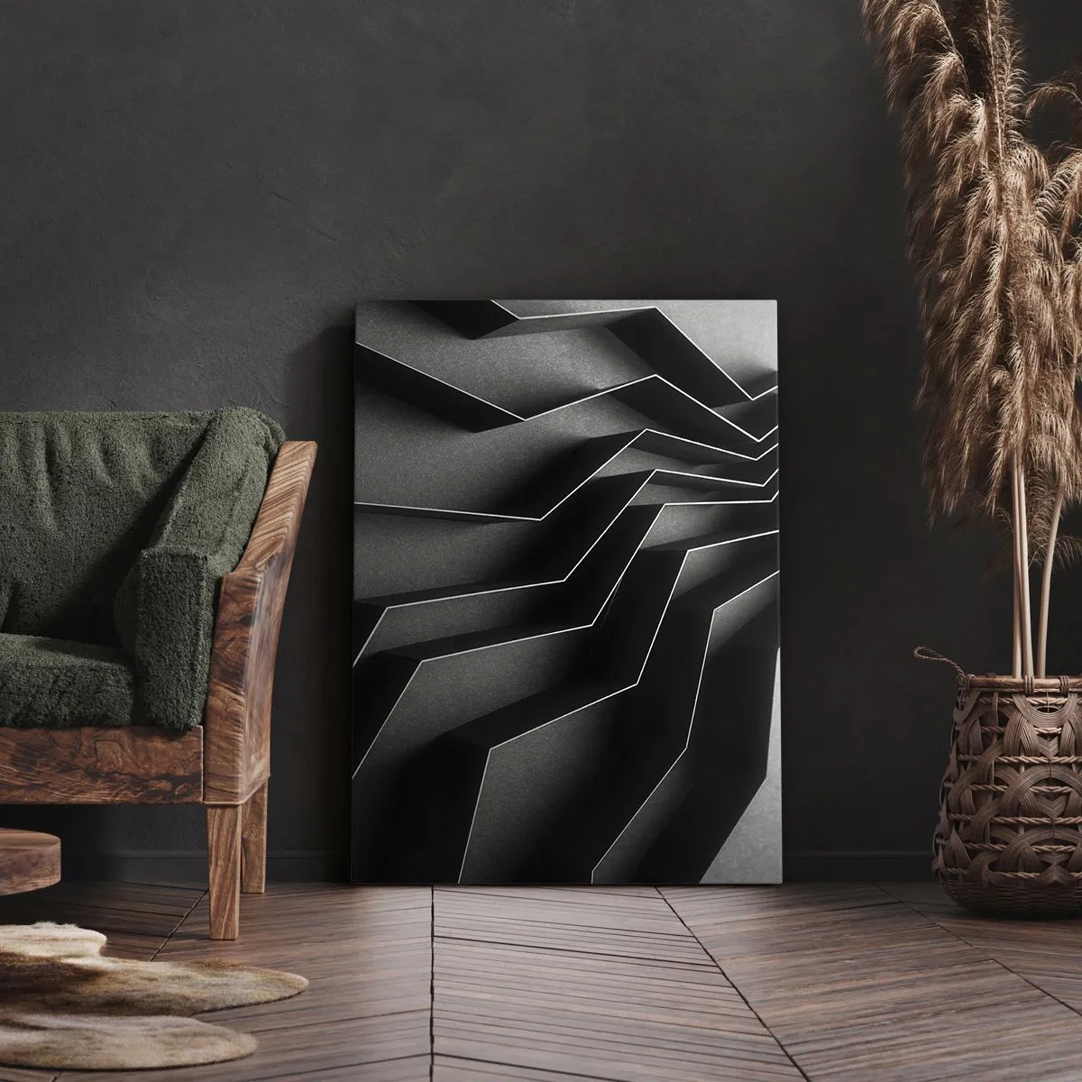 Impression sur toile - Image sur toile - Abstraction en noir et blanc avec des structures géométriques - 50x70cm - Ordre spatial - Décoration murale moderne pour le salon et la chambre ARTTOR