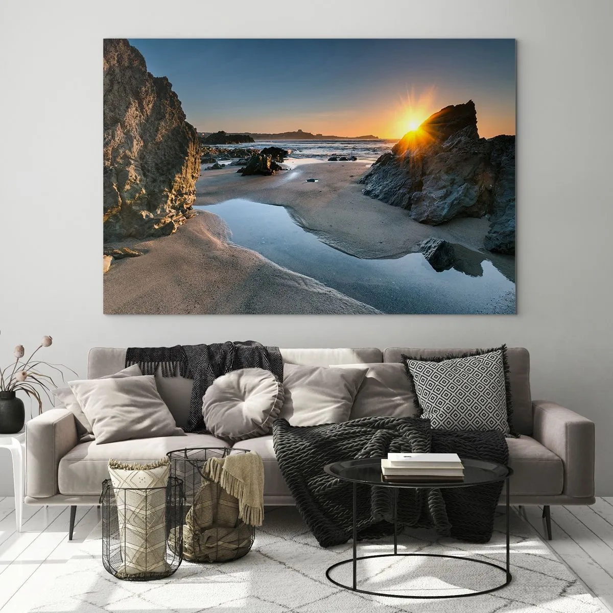 Impression sur verre - Image sur verre - Plage au lever du soleil avec des rochers et de l'eau pittoresques - 120x80cm - Intouché par la main de l'homme - Décoration murale moderne pour le salon et la chambre ARTTOR