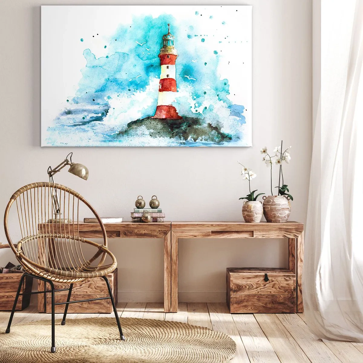 Impression sur toile - Image sur toile - Un phare dans un décor aquarelle sur fond bleu - 70x50cm - Unité des éléments - Décoration murale moderne pour le salon et la chambre ARTTOR